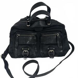 BANANA REPUBLIC Black Goat Leather Nylon Shoulder Satchel Bag Front Pockets